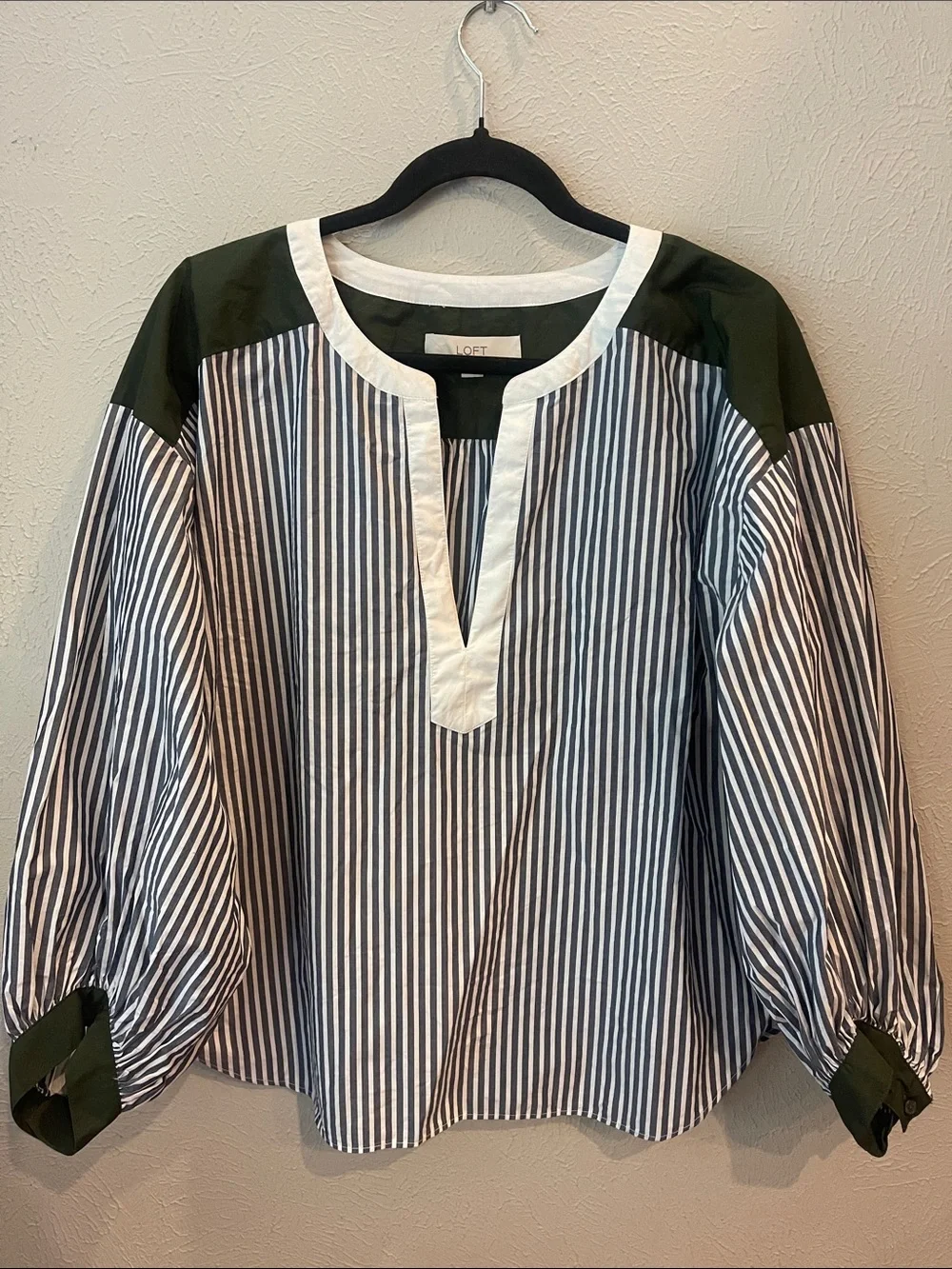 LOFT Grey Stripe Split-Neck top with Olive Yoke. Women’s size large.